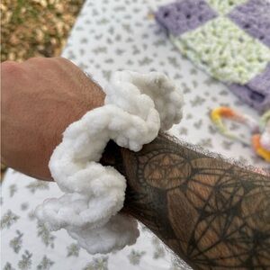 Fluffy + chunky white crochet scrunchie, made by me!